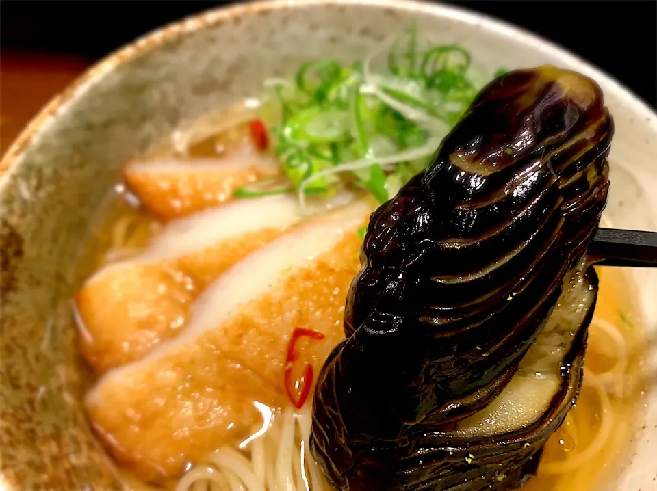 揚げ茄子と平天の温めん|半田手延べそうめんの店 阿波や壱兆さん