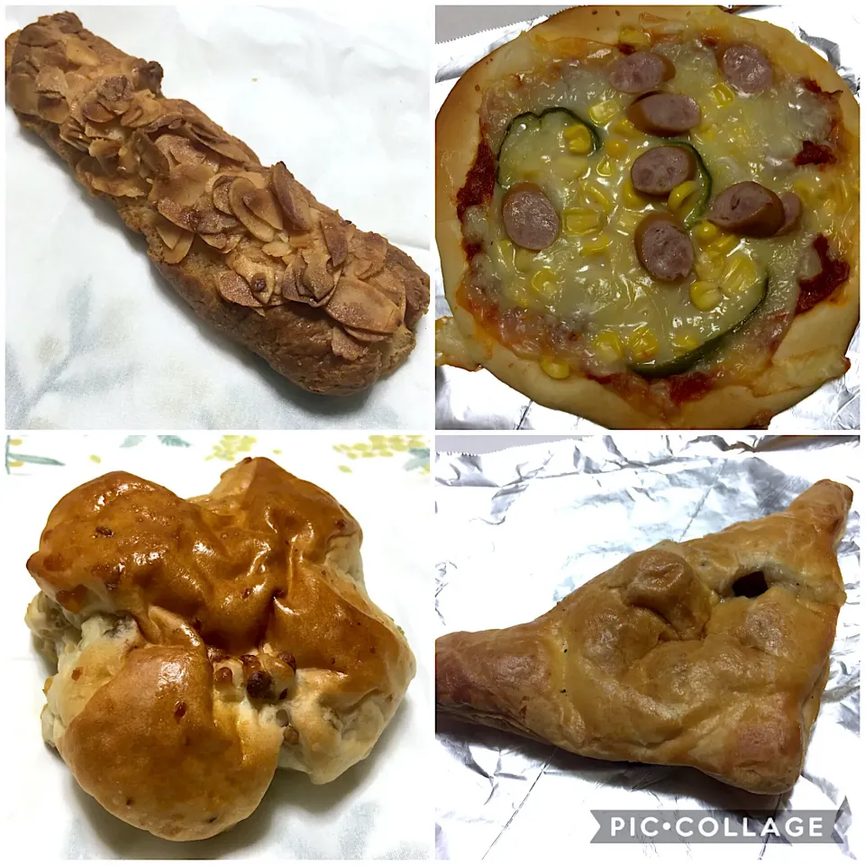 Snapdishの料理写真:アーモンドクロワッサン、ピザパン、チョコバナナパイ、くるみパン @ほしぱん|こいちさん