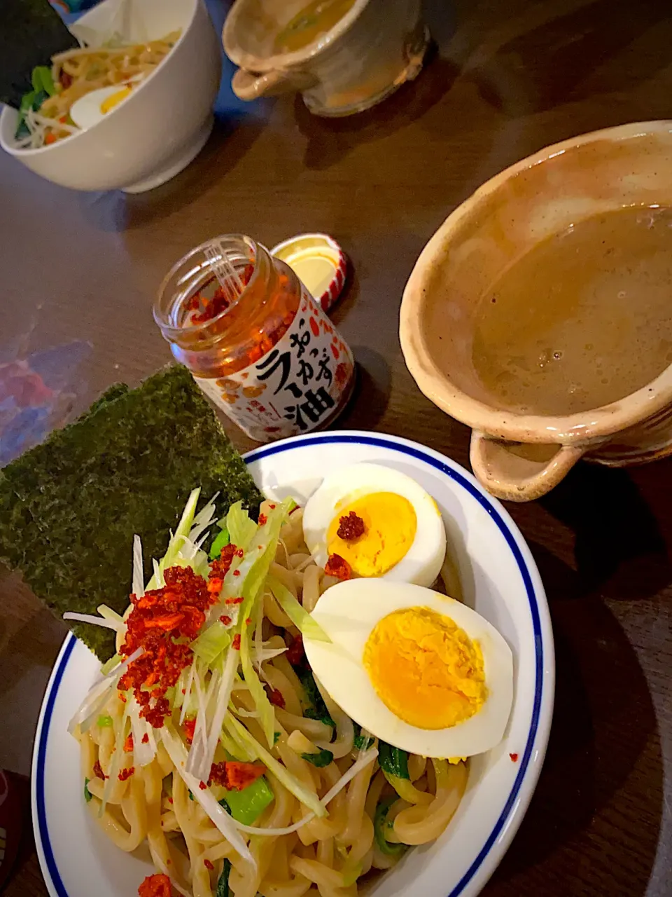 魚介出汁ダレつけ麺　小松菜　白髪葱　煮卵　焼き海苔　おかずラー油|ch＊K*∀o(^^*)♪さん