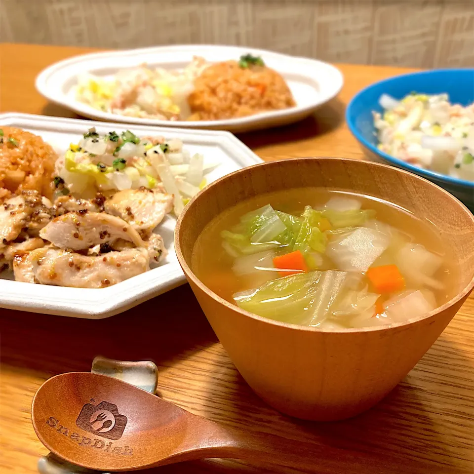 Snapdishの料理写真:野菜たっぷりミネストローネと鶏胸肉マスタードソテー|むぎこさん