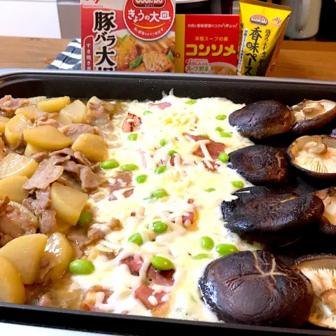 「「Ｃｏｏｋ Ｄｏ® きょうの大皿®」 豚バラ大根用」を使ってみたSnapdishの料理・レシピ写真:豚バラ大根VSしいたけソテー(チーズベーコンフォンデュ)