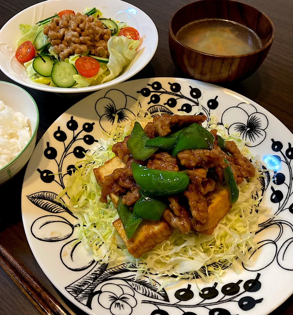 豚コマと厚揚げのオイスターソース炒めの晩ご飯|mikaさん