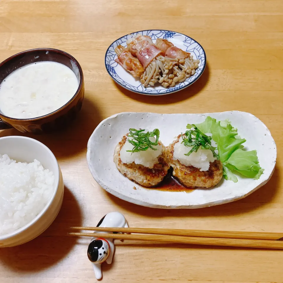 Snapdishの料理写真:豆腐ハンバーグとえのきベーコン🥓|ちゃみこさん