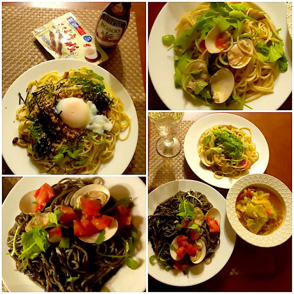 Snapdishの料理写真:Today‘s Dinner🍴3種のﾊﾟｽﾀ<芹たっぷり蛤,ｴﾘﾝｷﾞ･ｲｶ墨ﾄﾏﾄ･ねばxとろ､めかぶ納豆温玉> ･ﾐﾈｽﾄﾛｰﾈ|🌈Ami🍻さん