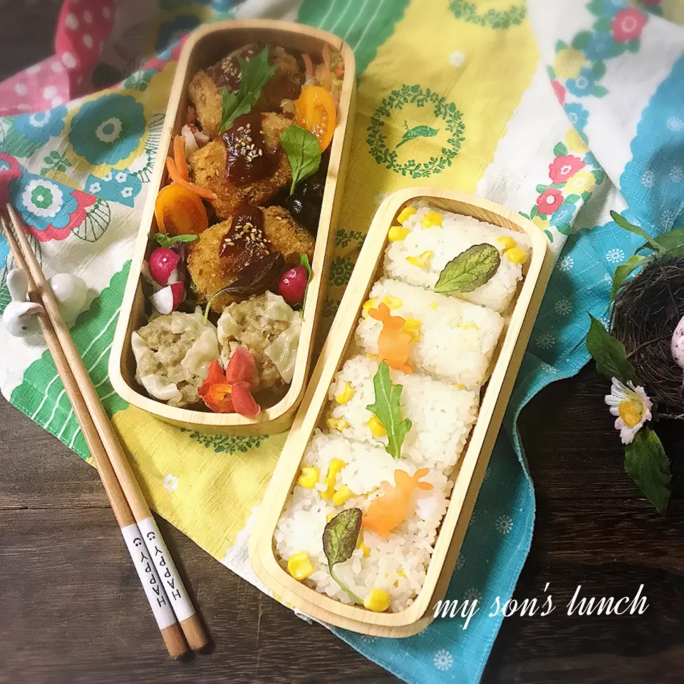 Snapdishの料理写真:とうもろこしご飯&コロッケ弁当|kotokotoさん