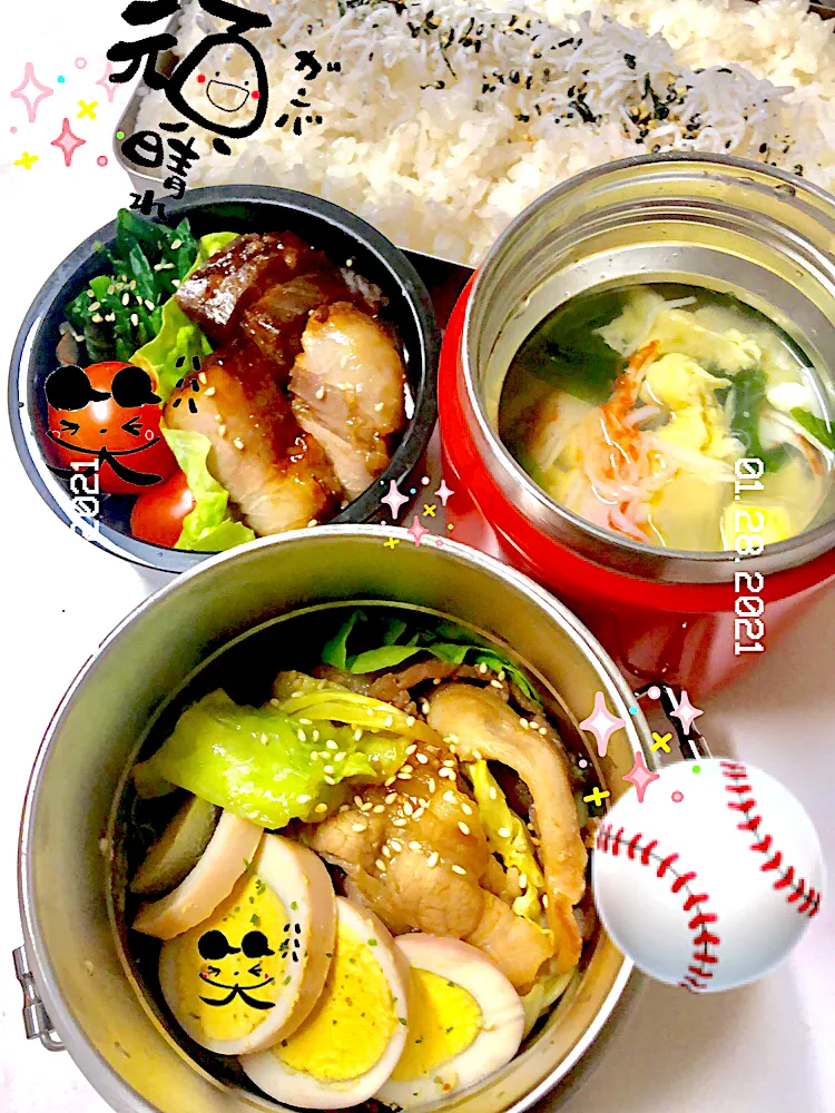 Snapdishの料理写真:fight٩( ᐛ )و‼️⚾️✨球児ぉ弁当🤗角煮＆豚キャベツ🐷ぶたPower⭐️|n@oさん