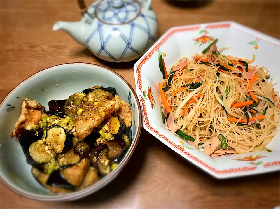 焼きビーフン、鮭と茄子の香味ダレ和え|miiさん