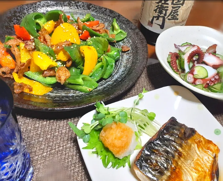 カラフルピーマンと鶏皮炒め
酢だこ🐙
焼き鯖🐟
和歌山地酒🍶
【紀伊国屋文左衛門】|びせんさん