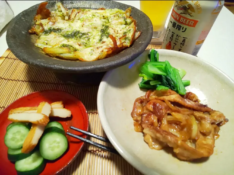 自家製バジルソースポテトチーズ焼き、ポーク焼肉🍻|miyuki🌱さん