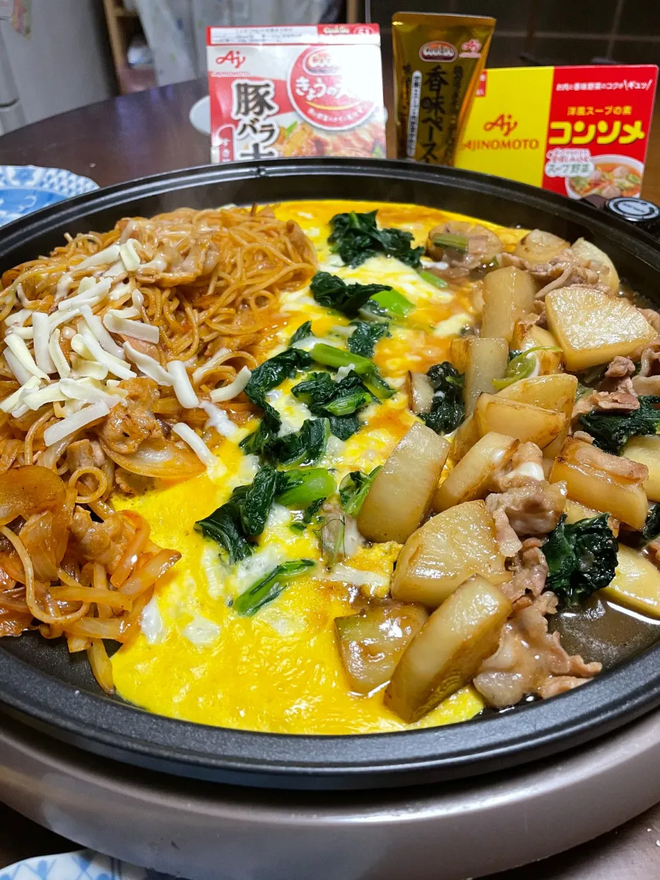 Snapdishの料理写真:豚バラ大根とナポリタン、アスパラ菜のチーズ焼き|ryoo_pyさん