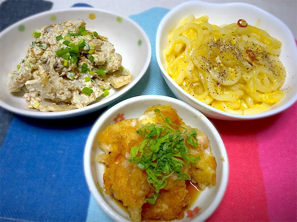 🌱ぺぺ玉うどん
レンコンと舞茸のマヨ胡麻和え
鶏肉のおろしポン酢|eiyadeさん