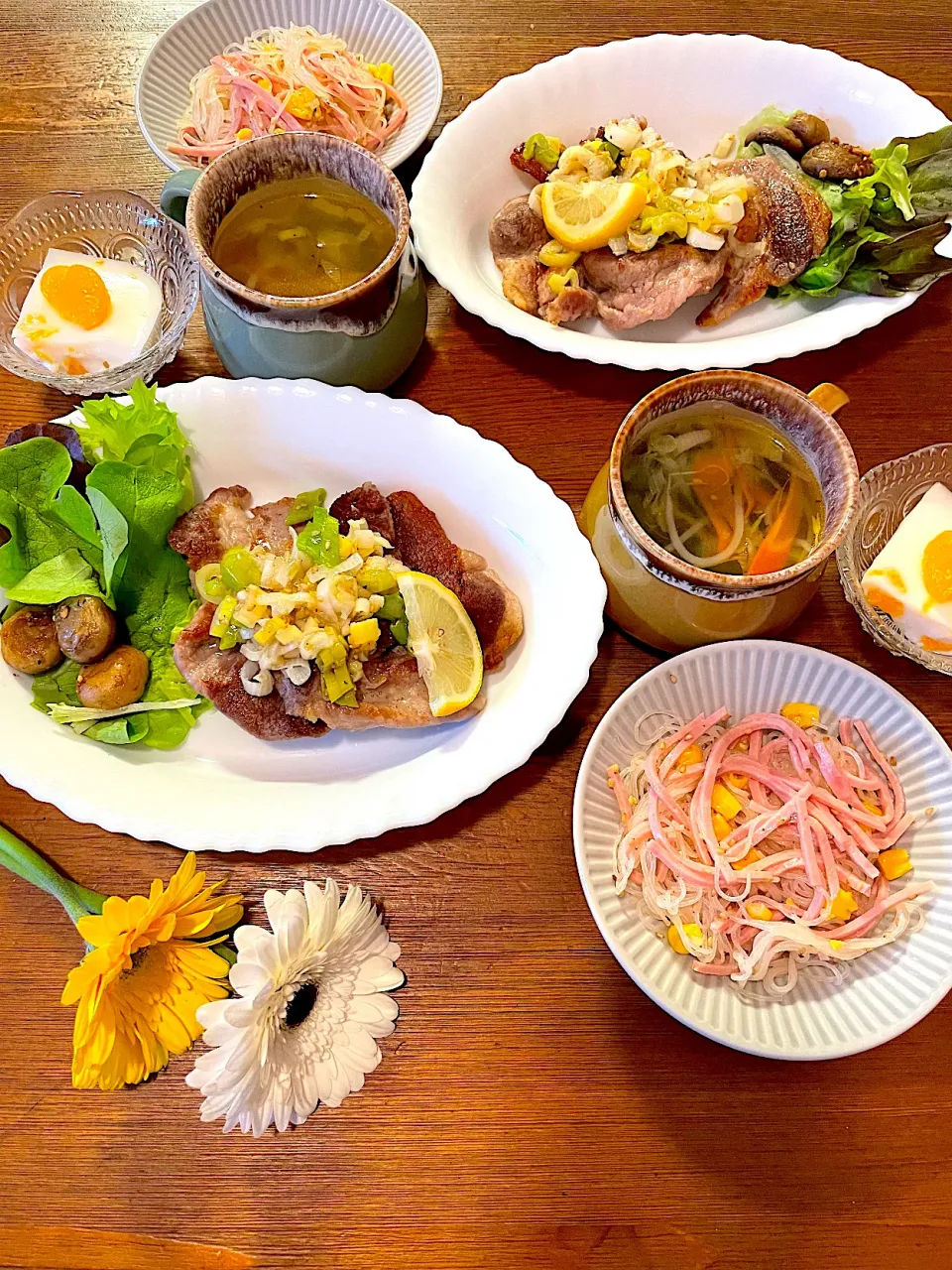 豚ロース中華ネギレモンがけ、春雨サラダ、野菜中華スープ、豆乳みかん寒天|ＭＡＲＵＥ家の食卓さん