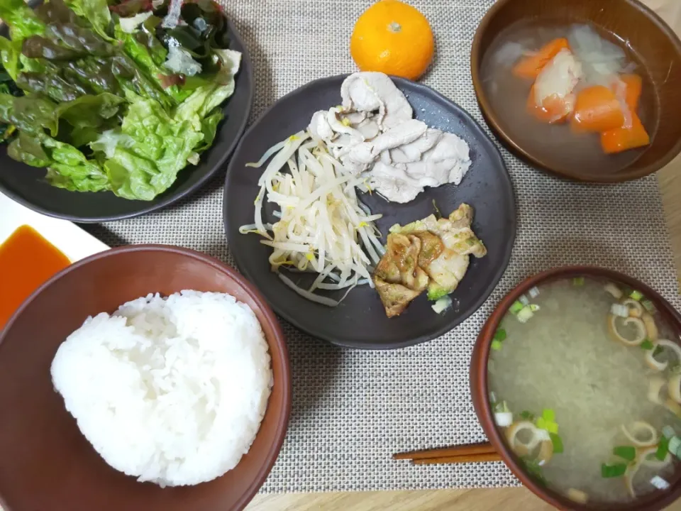 白飯
わかめの味噌汁
温豚しゃぶ
豚肉とアボガドの炒め
玉ねぎと人参とベーコンの煮込み
ほうれん草の塩ゆで
ちぎりレタスの海藻サラダ
みかん|あぎふぁんさん