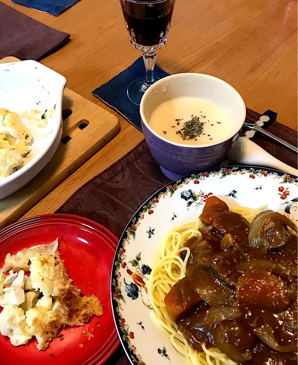 カレーパスタとカブとセロリのポタージュ|sobacoさん