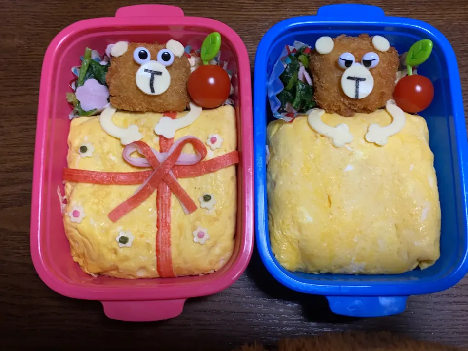 Snapdishの料理写真:クマのオムライス弁当🐻お姉ちゃん高校最後のお弁当です😌3年間頑張ったね、まだ受験は終わらないけどもう少し頑張れ😄|acoさん