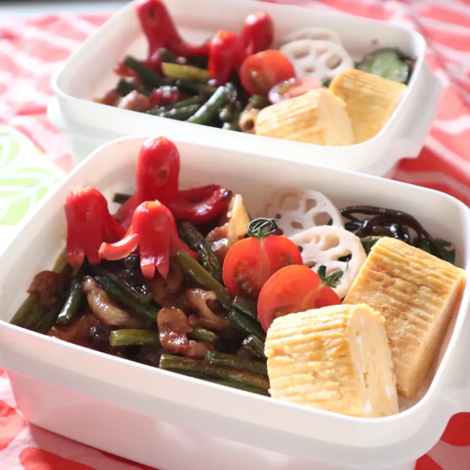 中学生男子年子弁当🍱豚肉とニンニクの芽炒め|なかじー。さん