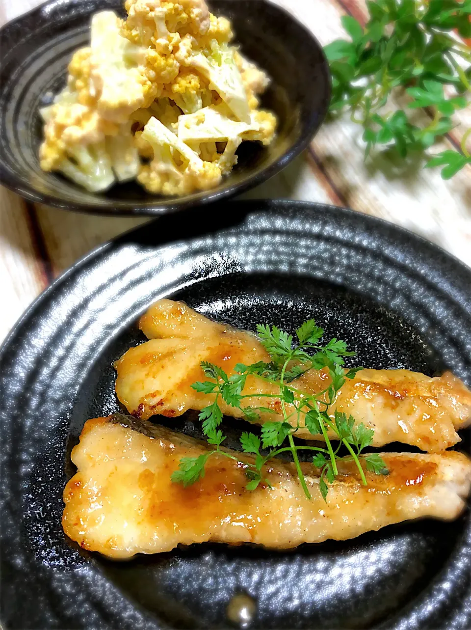 鱈のバタポン焼きとカリフラワーの明太マヨ和え|みゆきさん