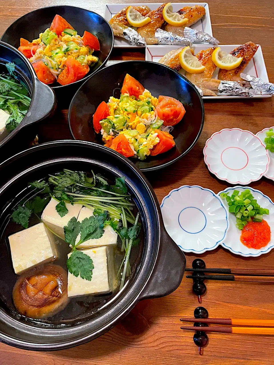 湯豆腐、トマトの中炒めと春雨サラダ|ＭＡＲＵＥ家の食卓さん