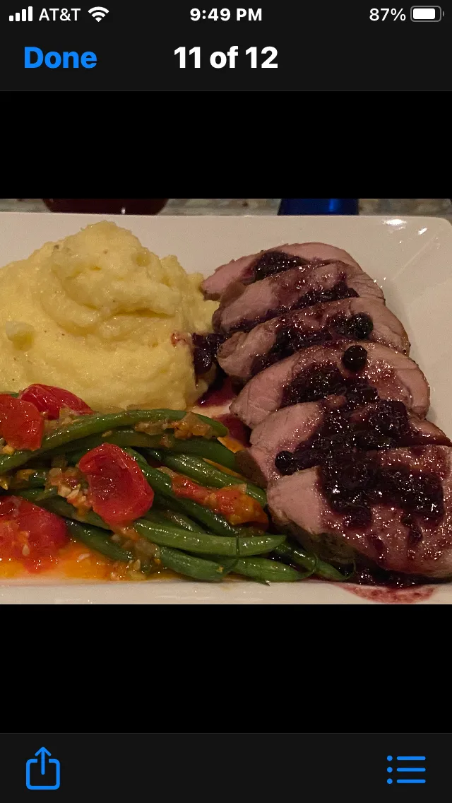 Snapdishの料理写真:Pork Tenderloin with a Huckleberry sauce, Mashed Potatoes and Green Beans with Tomatoes and Shallots|Christine pavelkaさん