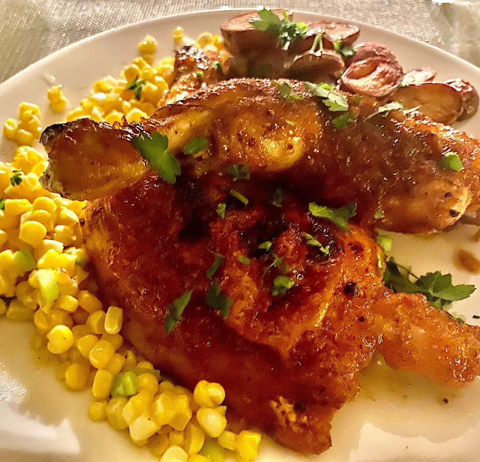 Apricot Glazed Chicken Quarters with Corn and Duck Fat Potatoes|Christine pavelkaさん