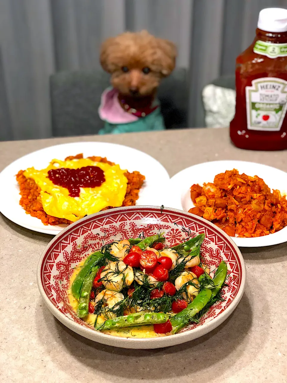 海老🦐とスナップえんどう🍅プチトマト🌿dillの前菜！オムライス🥚！|Mayumiさん