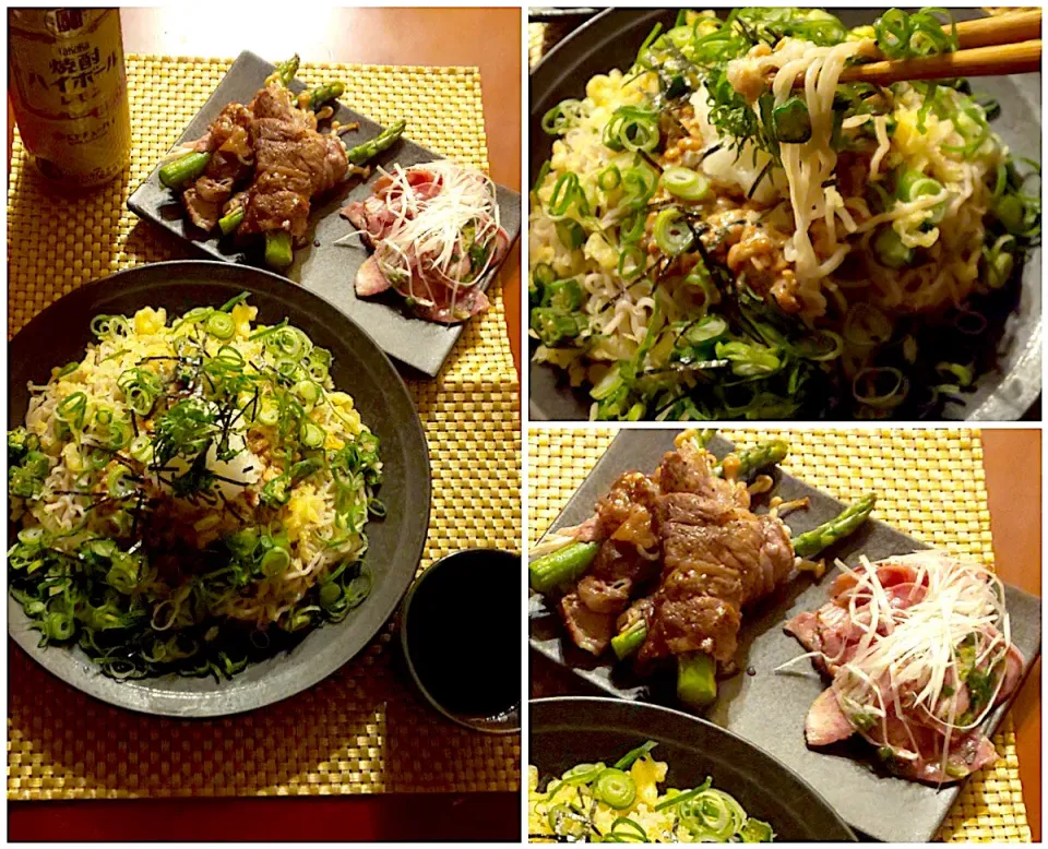 Today's dinner🍴 葱たん和え･ｱｽﾊﾟﾗｶﾞｽ&えのきの牛肉巻き･納豆ｵｸﾗのたぬきぶっかけ冷やし蕎麦|🌈Ami🍻さん