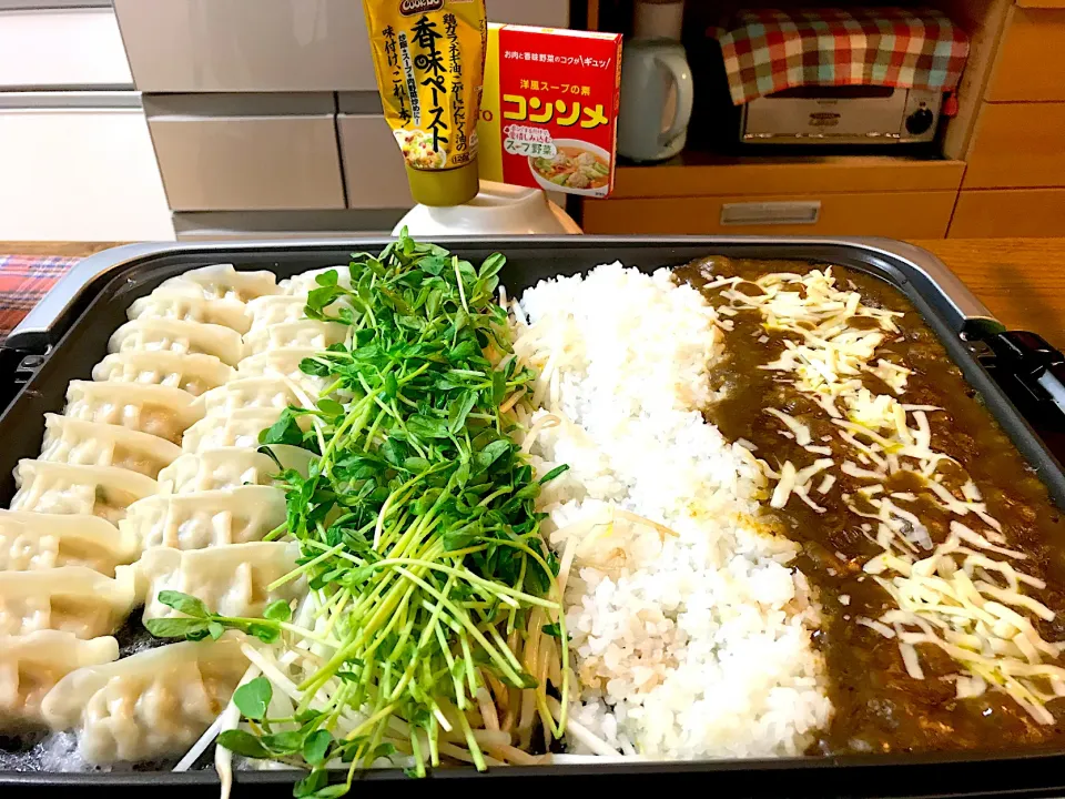 餃子(豆苗もやし炒め添え)VSチーズカレー|☆マミ☆さん