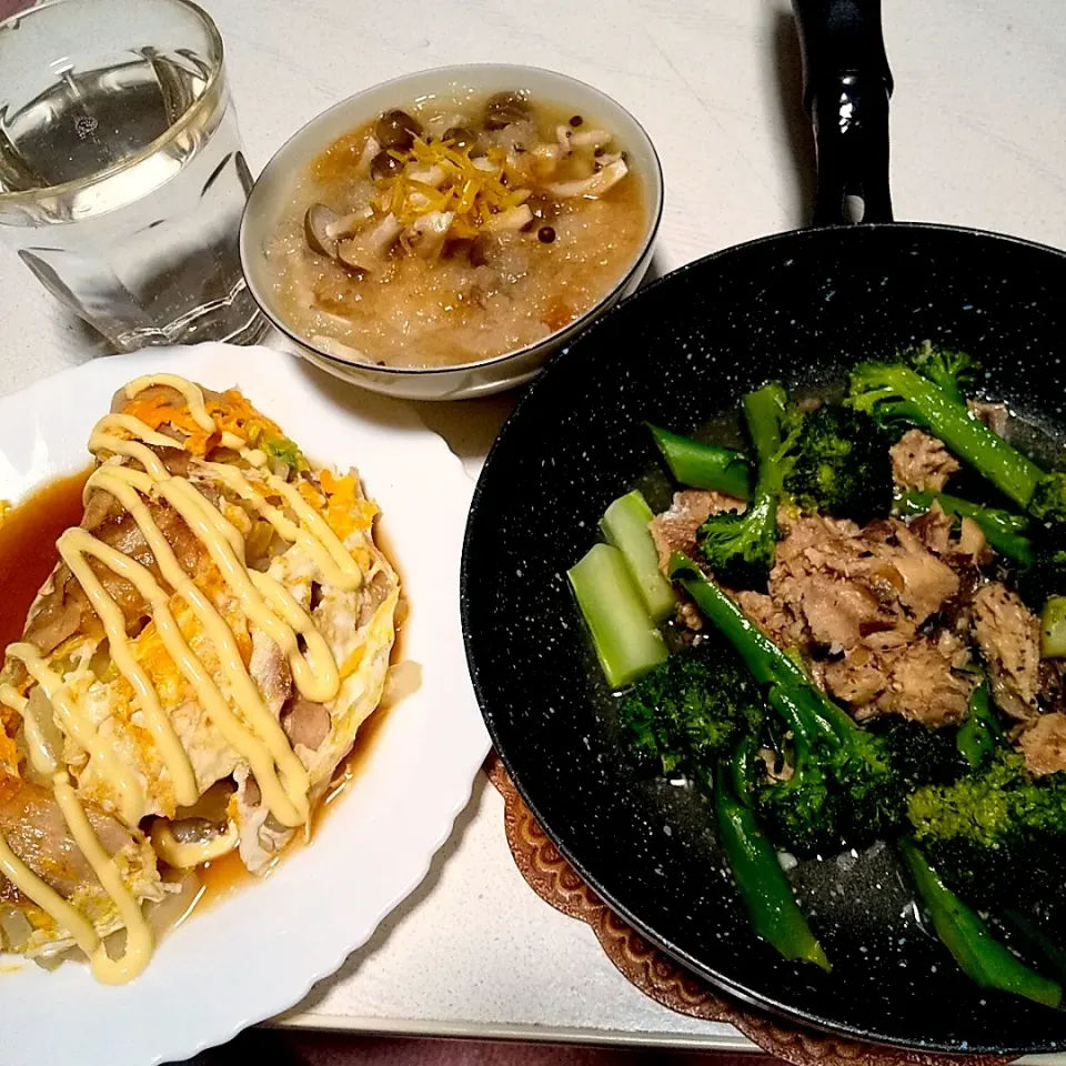 今日の晩御飯
※ブロッコリとサバ缶のオイル蒸し
※白菜のとん平焼き
※しめじのおろしポン酢和えゆず風味
※焼酎ハイボール|れあMIXさん