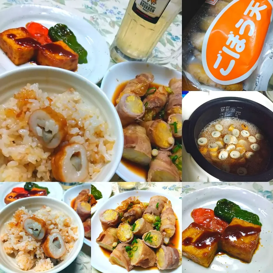 業務スーパーのごぼう天とツナ缶の炊き込みご飯🍚白菜の豚肉巻き&厚揚げのかもめ屋風ステーキ|うたかた。さん