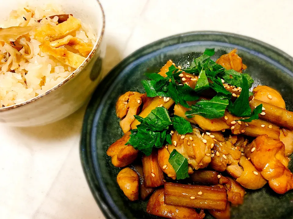 鶏ごぼう、きのこの炊き込みご飯🌿|momoさん