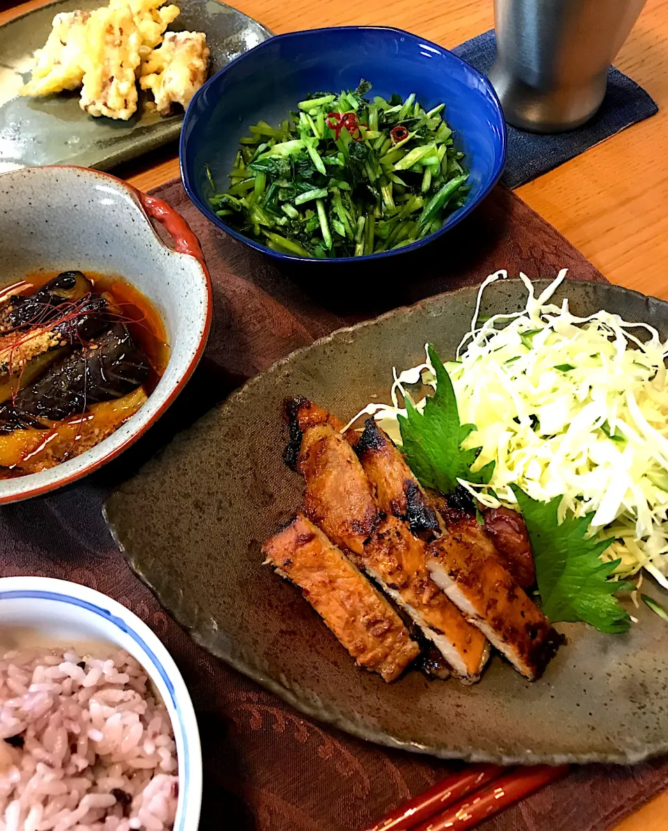 Snapdishの料理写真:豚の味噌焼き、茄子の南蛮、磯辺揚げ|sobacoさん