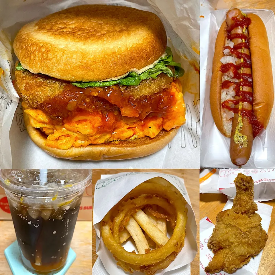 Snapdishの料理写真:マッケンチーズ🧀＆コロッケバーガー🍔　ホットドッグ🥖　オニポテ🍟　ネーブルコーラ🥤　モスチキン🍗|るみおんさん