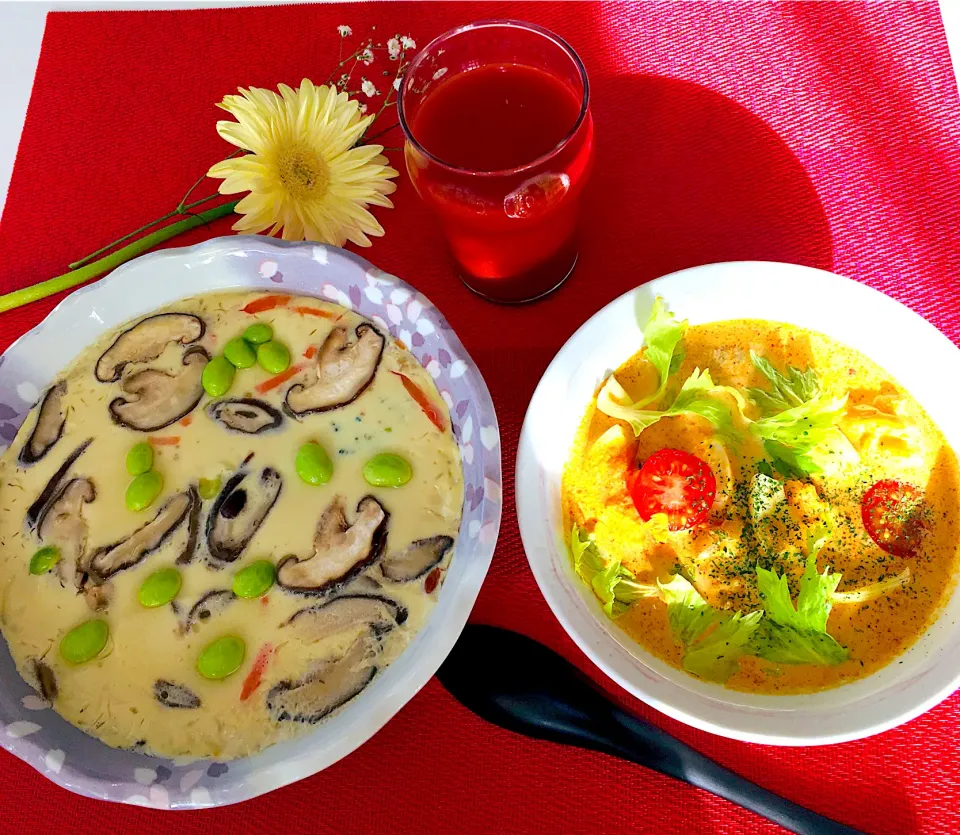 朝カレー186日目😋✌️ミルクカレースープ😋茹で卵二個入り💖&鶏ガラコラーゲンスープのジャンボ茶碗蒸し😋レンジ料理💖朝卵4個笑笑👍❤️|HAMI69さん