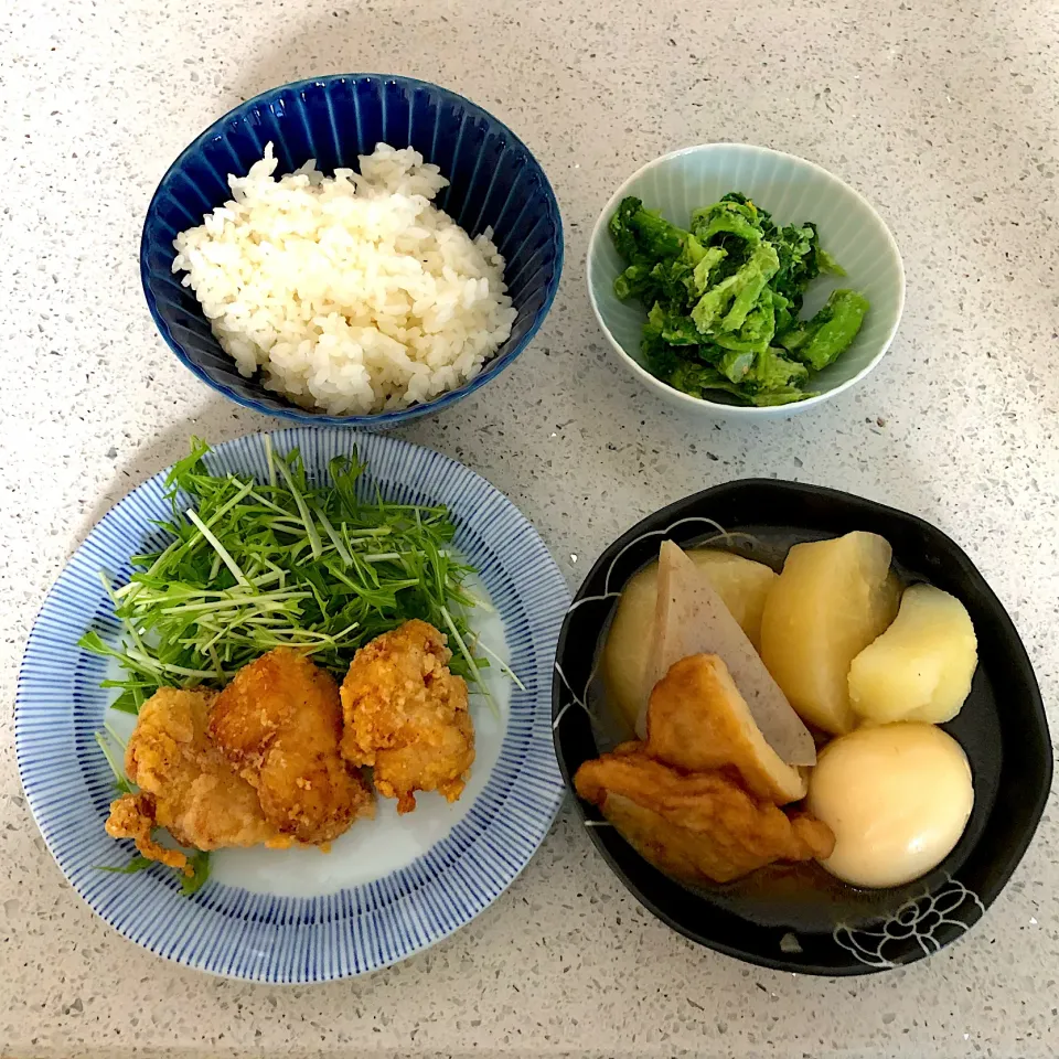 唐揚げ、おでん、菜の花の胡麻和え|FKTMPさん