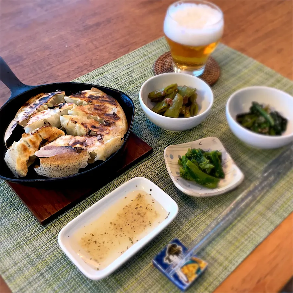 焼き餃子
スナックエンドウの梅おかか和え
ほうれん草のごま和え
菜の花の辛子和え|𓇼 Ⓢ Ⓗ Ⓘ Ⓝ Ⓞ Ⓑ Ⓤ 𓇼さん