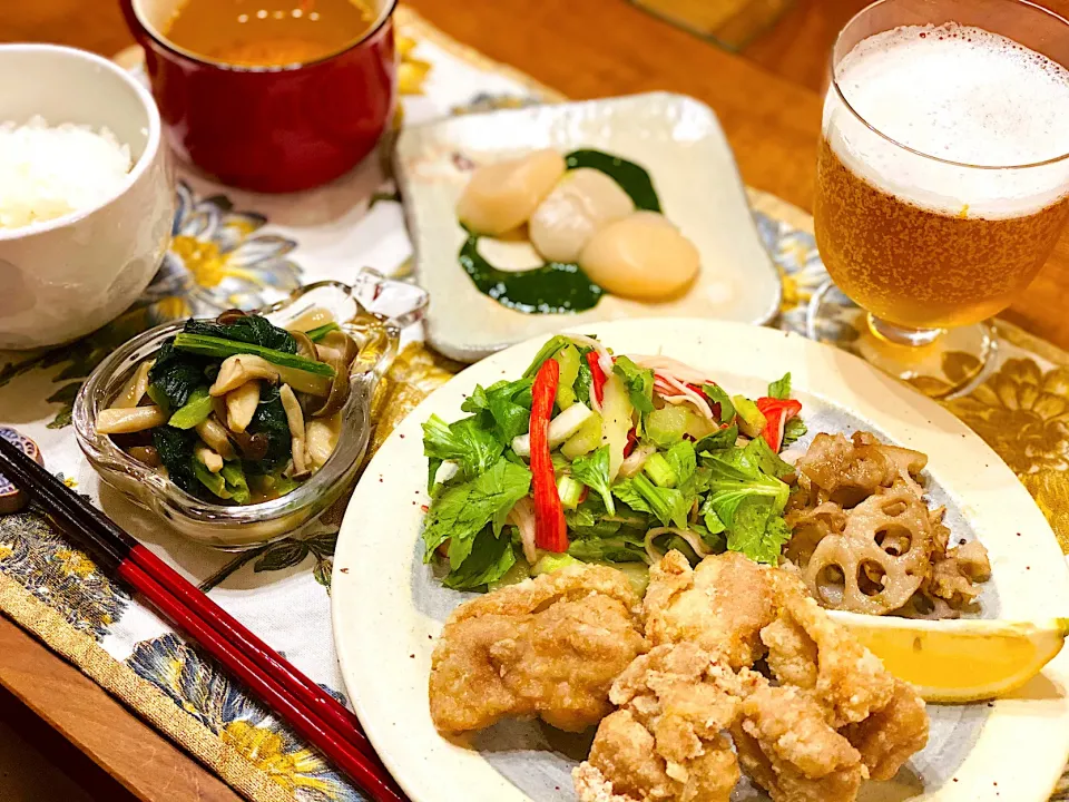 今日の晩ご飯🍚ホタテの抹茶塩麹と鶏モモ肉の竜田揚げ🐓|まめすけ。さん