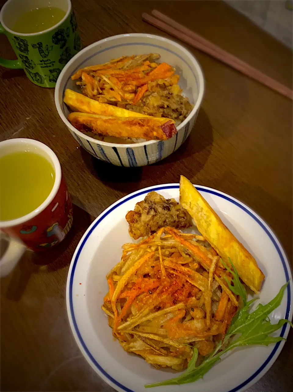 牛蒡と大豆のかき揚げ　舞茸と薩摩芋の天丼　お茶|ch＊K*∀o(^^*)♪さん