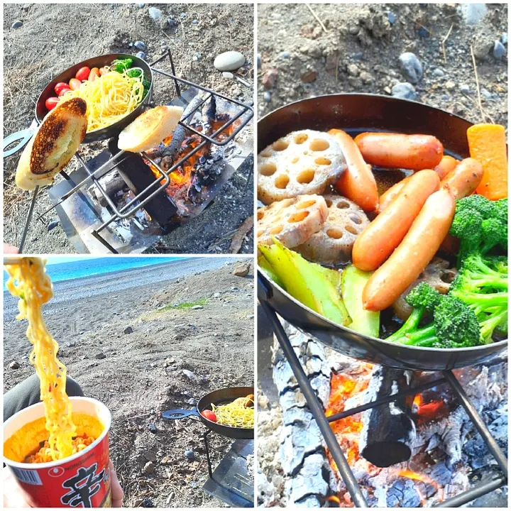 キャンプ⛺飯
　アヒージョとカップ麺|びせんさん