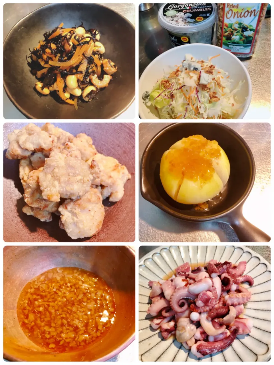 今夜は、玉葱擦りおろしポン酢で食べる唐揚げ、タコのペペロンチーノ🐙、レンチン玉葱に下ろし玉葱ポン酢😄🍺ほか|海斗さん