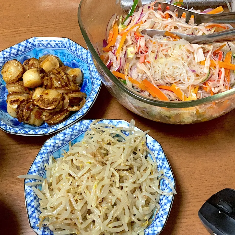 春雨サラダとホタテのバター焼きともやしのナムル|みんみんさん