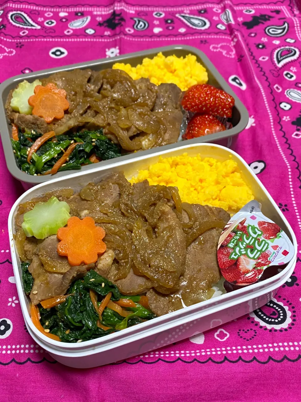 Snapdishの料理写真:息子のお弁当(リク､豚肩ロースを焼肉のたれで焼いて😋)|かあたんさん