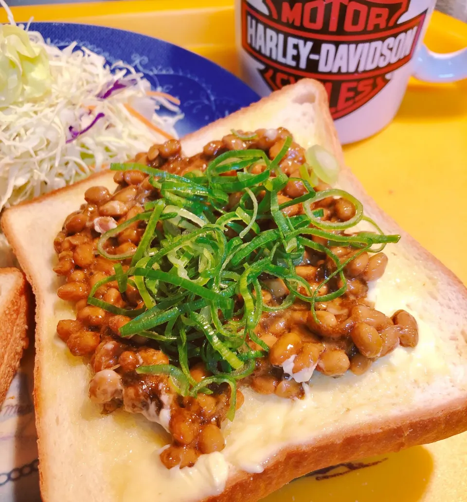 Snapdishの料理写真:朝ごパン🍞トーストにマーガリン、納豆、ごはんですよ、九条ネギ😊うまーーい💕|海斗さん