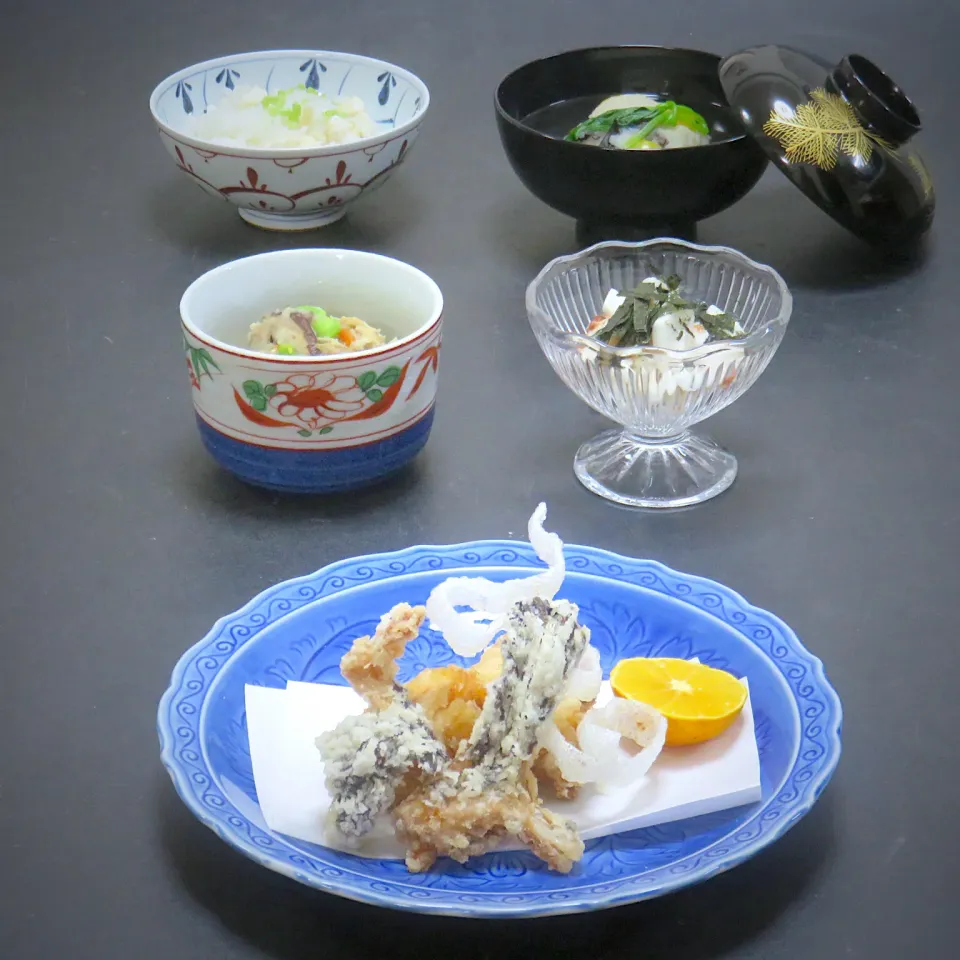 今晩は、虎魚から揚げ、おから信田煮、長芋梅肉和え、海老真薯、鯛めし|akazawa3さん