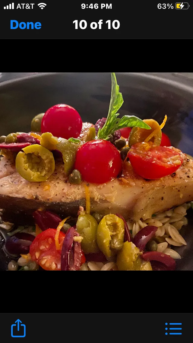 Snapdishの料理写真:Swordfish with Orzo Pistachios and Olives|Christine pavelkaさん