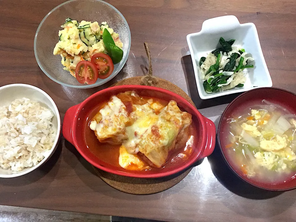 トマトソースのロールキャベツ 白菜もやしの中華スープ ほうれん草と切り干し大根の和え物 ポテトサラダ|おさむん17さん