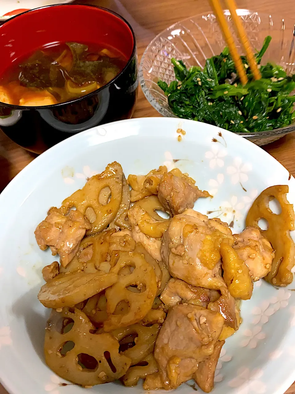 鶏とレンコンの甘酢煮、ほうれん草おひたし|ゆーママさん