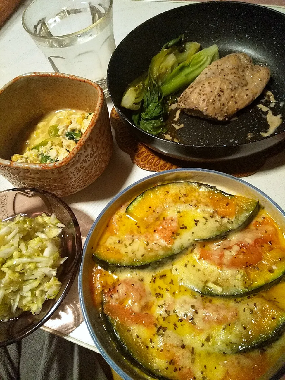 今日の晩御飯
※トマトとかぼちゃのレンジ蒸し
※胸肉の粒マスタード漬け焼きチンゲン菜添え
※酢キャベツ
※残り物小松菜豆腐の玉子とじ
※焼酎ハイボール|れあMIXさん