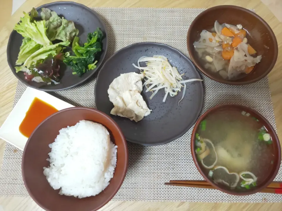 白飯
わかめの味噌汁
温豚しゃぶ
人参とレンコンと椎茸と大豆の煮物
ほうれん草の塩ゆで
ちぎりレタスの海藻サラダ|あぎふぁんさん