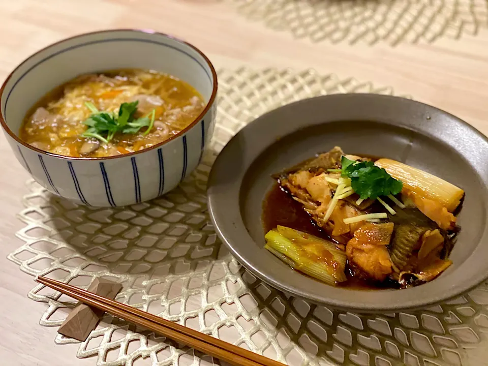 かれいの煮付けと酸辣湯春雨スープ|ひろさんとゆりさんさん