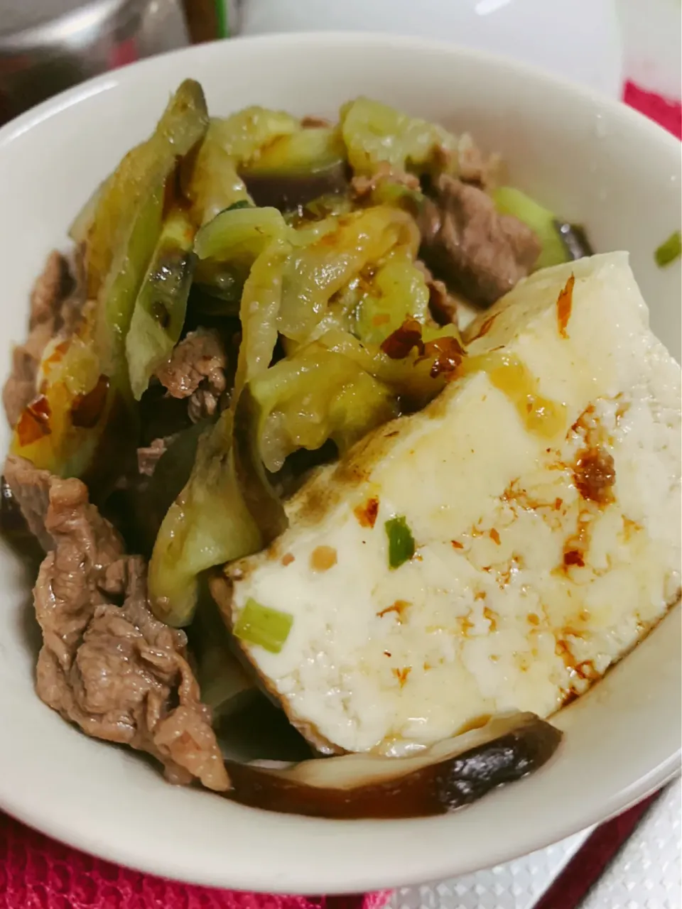 牛肉と椎茸とナスの焼き豆腐煮のポン酢かけ|🐶たぬとんキッチンさん